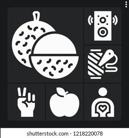 Set of 6 group filled icons such as lychee, apple, spool of thread, friend, hand