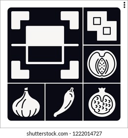 Set of 6 group filled icons such as pepper, pomegranate, peach, select, merge
