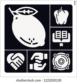 Set of 6 group filled icons such as speaker, bell pepper, lemon, lectern, handshake