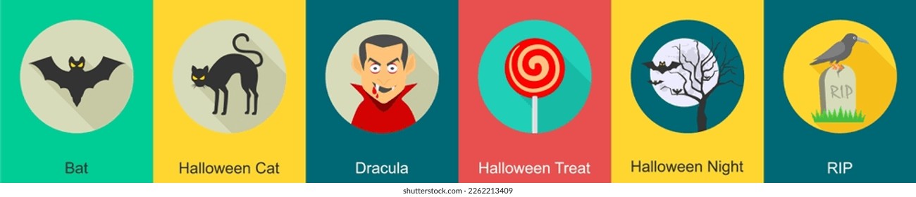 A set of 6 halloween icons as bat, halloween cat, dracula