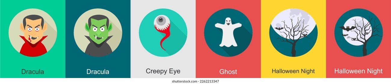 A set of 6 halloween icons as dracula, creepy eye, ghost