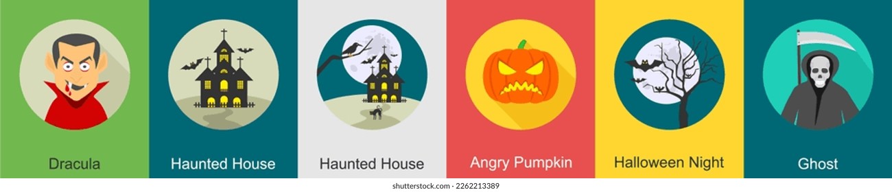 A set of 6 halloween icons as dracula, haunted house, angry pumpkin