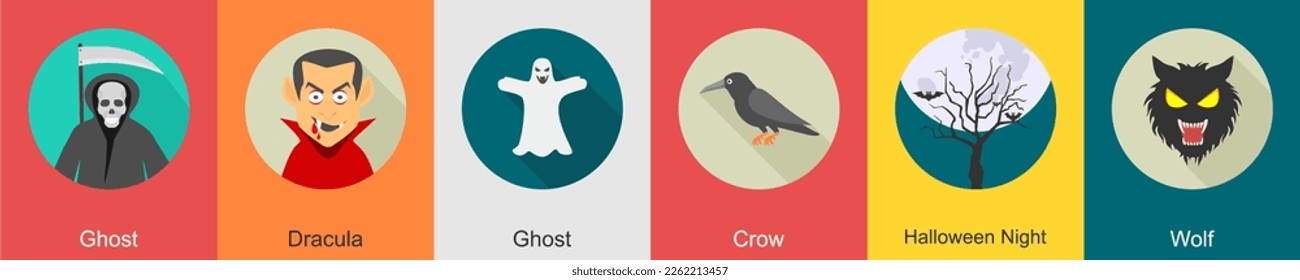 A set of 6 halloween icons as ghost, dracula, crow