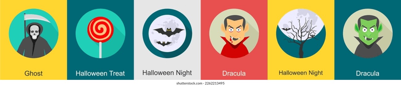 A set of 6 halloween icons as ghost, halloween treat, halloween night