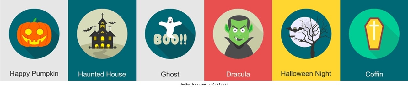 A set of 6 halloween icons as happy pumpkin, haunted house, ghost