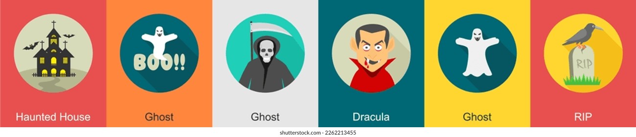 A set of 6 halloween icons as haunted house, ghost, dracula