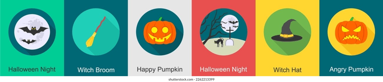 A set of 6 halloween icons as halloween night, witch broom, happy pumpkin