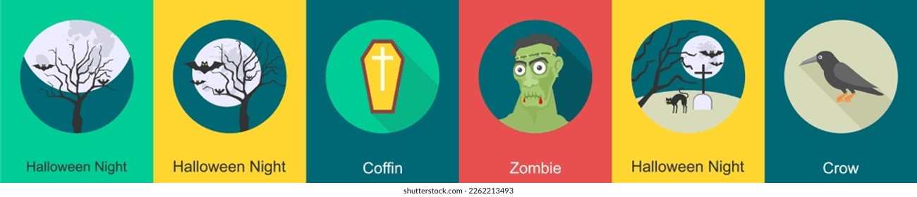 A set of 6 halloween icons as halloween night, coffin, zombie