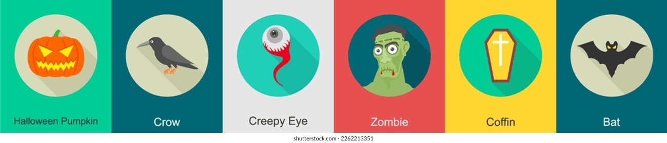 A set of 6 halloween icons as halloween pumpkin, crow, creepy eye