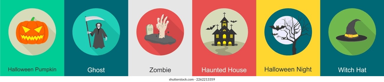A set of 6 halloween icons as halloween pumpkin, ghost, zombie
