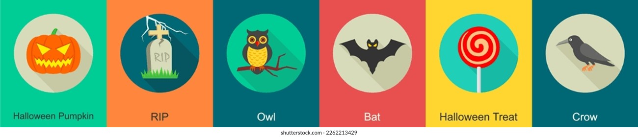 A set of 6 halloween icons as halloween pumpkin, rip, owl