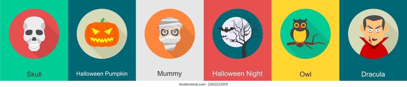 A set of 6 halloween icons as skull, halloween pumpkin, mummy