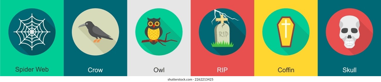 A set of 6 halloween icons as spider web, crow, owl