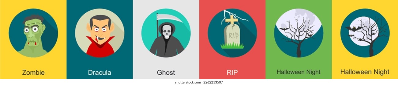 A set of 6 halloween icons as zombie, dracula, ghost