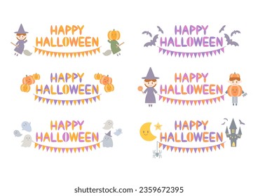 Set of 6 Halloween logos. Cute character and colorful bunting design. Vector illustration.  White background. 