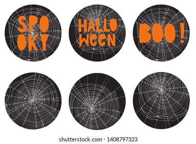 Set of 6 Halloween Party Round Shape Vector Toppers. Scary Hand Drawn White Cobweb on a Black Background. Orange Handrwitten Spooky, Boo and Halloween Text. Funny Halloween Stickers.