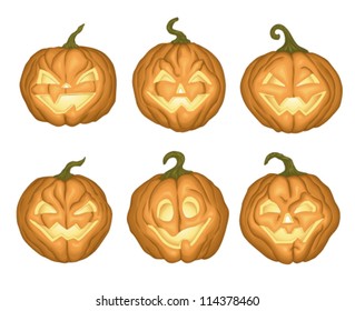 Set of 6  Halloween pumpkins on white background