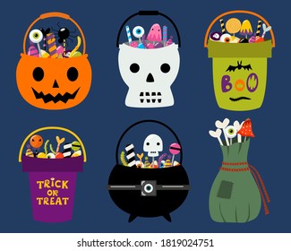 Set of 6 Halloween trick or treat bags. Bucket, cauldron, pumpkin, skull, pouch full of spooky sweets and candies. Trick or treat kids buckets. Vector illustration isolated on white. Design elements.