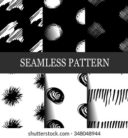 Set of 6 hand draw seamless patterns. Seamless texture for print, fashion, textile design, fabric, home decor, shop website, wallpaper, label. Black and white doodle. Vector illustration.