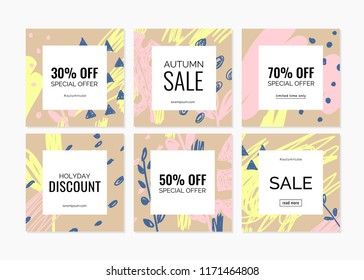 Set of 6 hand drawn backgrounds with copy space. Vector banners of seasonal shopping. Templates for posters, invitations, banners, cards design.