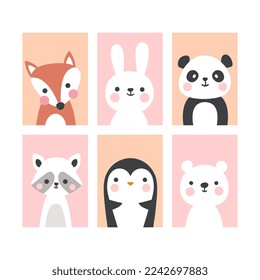 set of 6 hand drawn colorful animal posters for kids room. cute fox, penguin, hare, panda, polar bear, raccoon pink and orange for girl