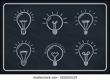 Set of 6 hand drawn lightbulbs on blackboard background, idea, solution concept, vector eps10 illustration
