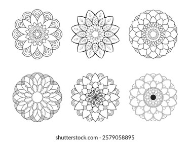 Set of 6 hand drawn line art floral mandala template. Decorative mandala design with pastel Six ethnic mandala patterns set. Oriental Mandala vector illustration.