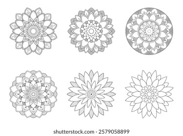 Set of 6 hand drawn line art floral mandala template. Decorative mandala design with pastel Six ethnic mandala patterns set. Oriental Mandala vector illustration.