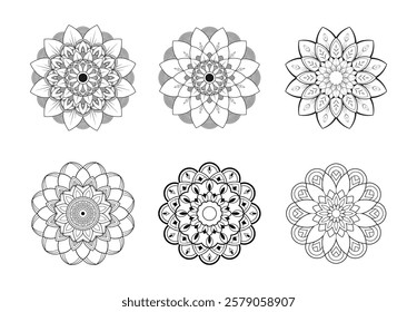 Set of 6 hand drawn line art floral mandala template. Decorative mandala design with pastel Six ethnic mandala patterns set. Oriental Mandala vector illustration.