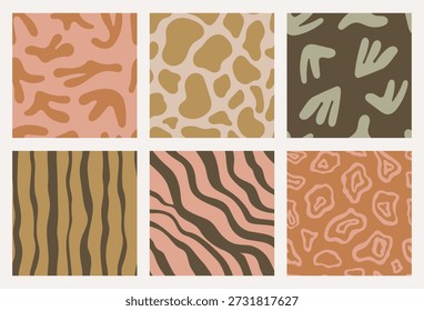 Set of 6 hand drawn seamless abstract patterns in a warm retro palette. Organic bubble shapes, botanical elements, and wavy lines. Perfect for textiles, packaging, backgrounds. Swatches included.