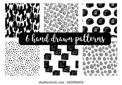 Set of 6 hand drawn seamless pattern in black and white with simple shapes. 