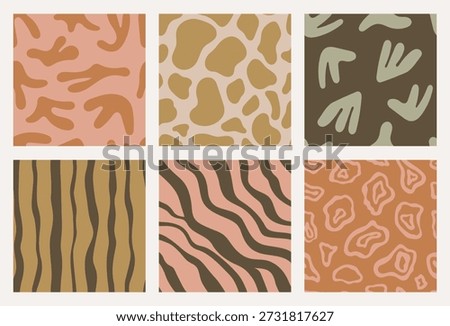 Set of 6 hand drawn seamless abstract patterns in a warm retro palette. Organic bubble shapes, botanical elements, and wavy lines. Perfect for textiles, packaging, backgrounds. Swatches included.