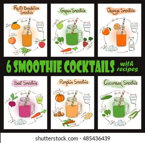 Set of 6 hand drawn sketch smoothie cocktails. Including recipes and ingredients for restaurant or cafe. Healthy lifestyle concept. Part 1.