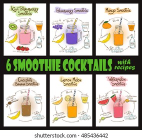 Set of 6 hand drawn sketch smoothie cocktails. Including recipes and ingredients for restaurant or cafe. Healthy lifestyle concept. Part 2.