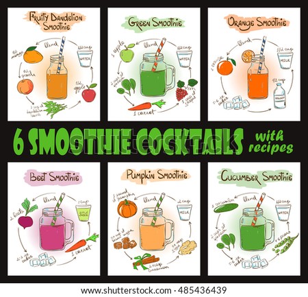 Set of 6 hand drawn sketch smoothie cocktails. Including recipes and ingredients for restaurant or cafe. Healthy lifestyle concept. Part 1.