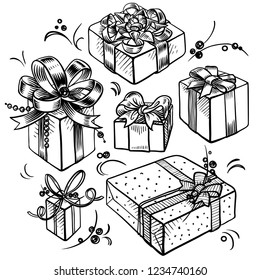 Set of 6 hand drawn sketches of gift boxes decorated with bows, ribbons and beads. May be used to design greeting cards for New Year, Christmas, birthday etc. Vector isolated illustration