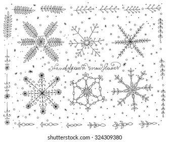 Set of 6 hand drawn snowflakes and decorative branches. Elements for Christmas design on white background.