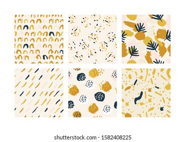 Set of 6 hand drawn style abstract seamless patterns. Artistic, modern, creative, fashion design. For print, digital paper, textile, fabric, hand drawn grunge textures.