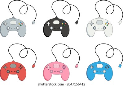 Set of 6 hand drawn vector illustrations of video game controllers in gray, black, white, red, pink, and blue.