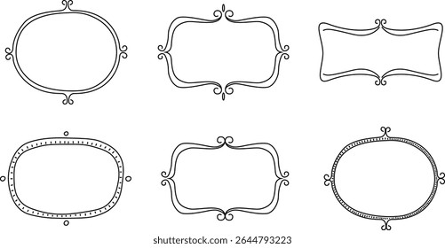 Set of 6 hand drawn vintage frames in black outline style. Perfect for wedding invitations, menu designs, or decorative labels. Isolated on transparent background