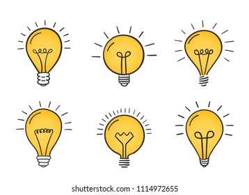 Set of 6 hand drawn yelllow lightbulbs on white background, idea, solution concept, vector eps10 illustration