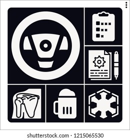 Set of 6 hand filled icons such as beer, shoulder, instructions, survey, sith