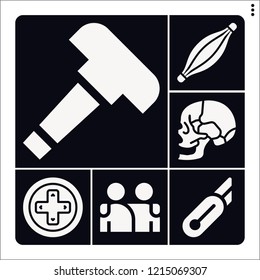 Set of 6 hand filled icons such as skull, muscle, gamepad, cutter, hammer