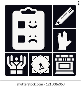 Set of 6 hand filled icons such as marker, select, feedback, vulcan salute, car battery