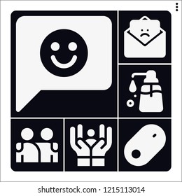 Set of 6 hand filled icons such as liquid soap, feedback, mouse, care