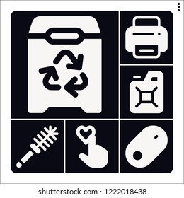 Set of 6 hand filled icons such as toilet brush, recycle, rating, printer, mouse
