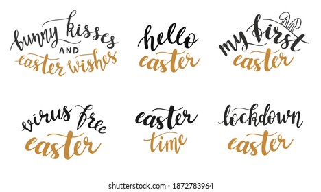 Set of 6 hand lettering vector quotes and phrases for Easter. Cards, easter holiday banners, posters, mug, scrapbooking, pillow case, phone cases and clothes design. Gray and golden trendy colors.