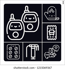 Set of 6 hand outline icons such as bus ticket, polish, contraceptive pills, social media, baby monitor