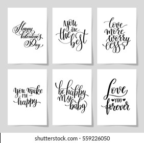 set of 6 hand written lettering positive quote about love to valentines day design, wedding invitation, posters, modern calligraphy vector illustration collection