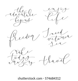 Satz von 6 handgeschriebenen positiven Zitaten über Leben und Reisen, moderne Kalligrafie-Vektorgrafik-Sammlung